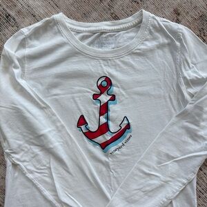 Vineyard Vines White Long Sleeve Tee with Red & Blue Striped Anchor
